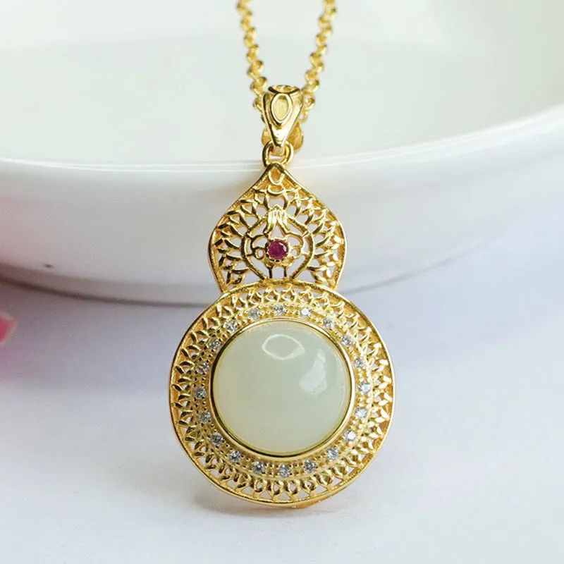 Sterling Silver Hollow Gourd Necklace with Natural Hotan Jade Pendant