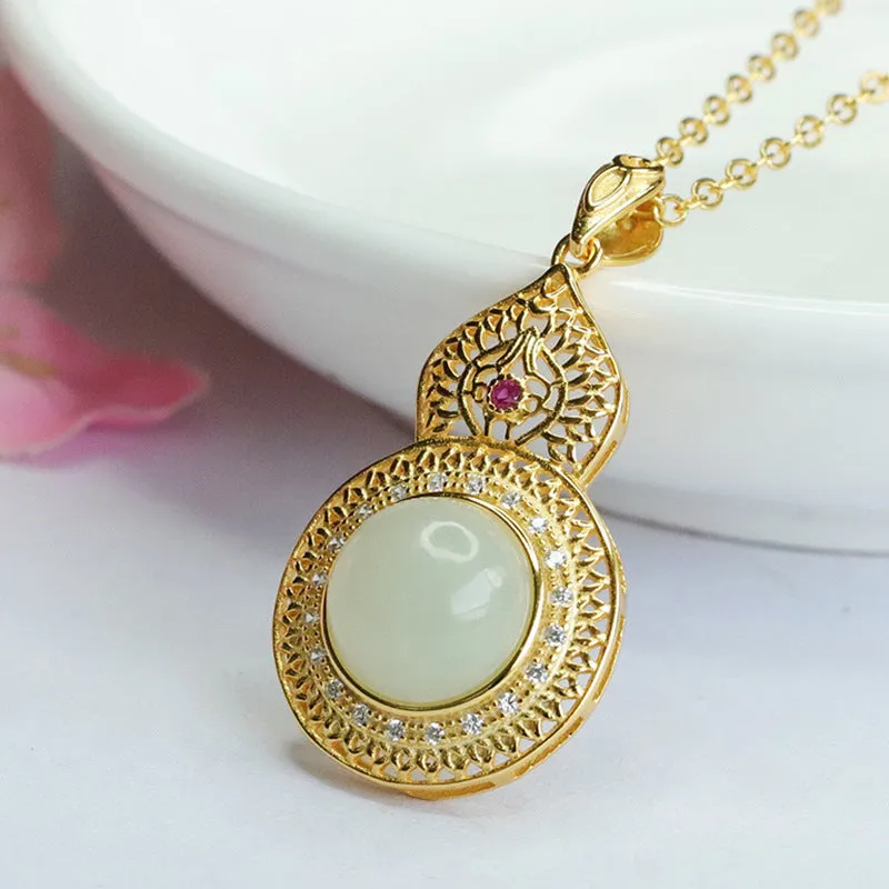 Sterling Silver Hollow Gourd Necklace with Natural Hotan Jade Pendant