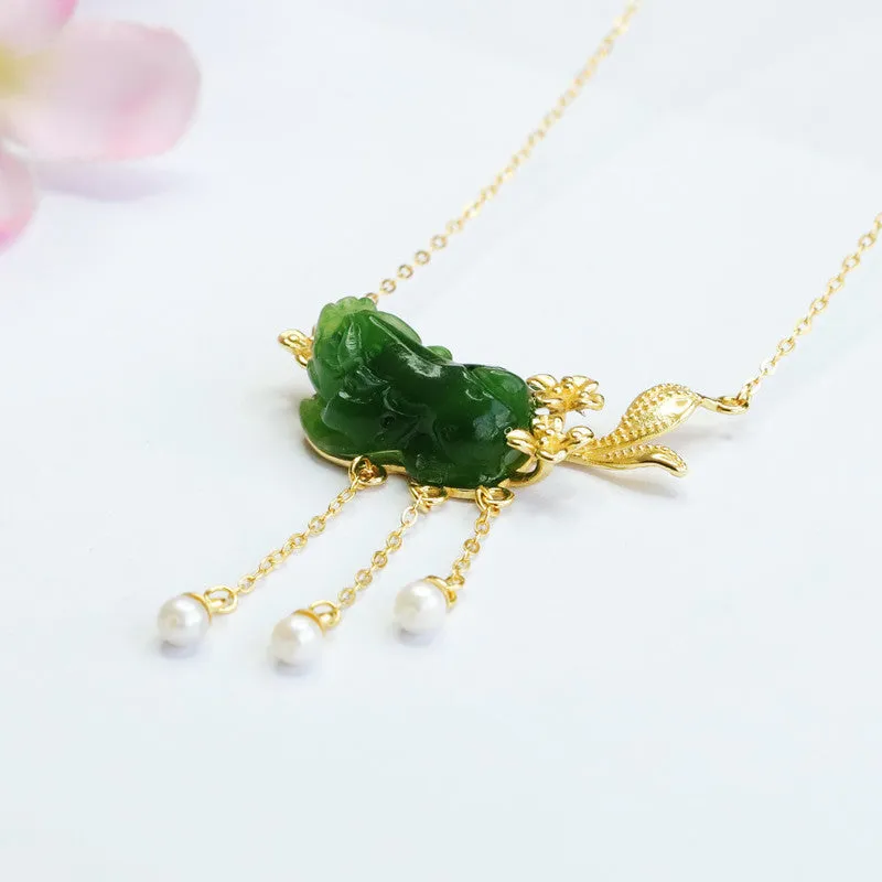 Sterling Silver Hotan Jade Jasper Pixiu Flower Necklace from Planderful Fortune's Favor Collection