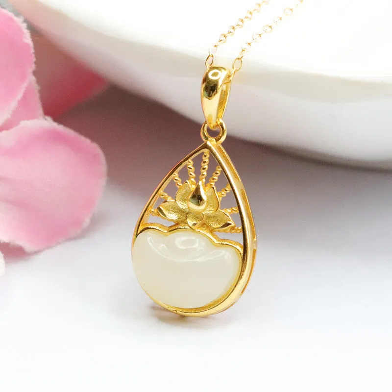 Sterling Silver Lotus Water Drop Necklace with Natural Hetian Jade Accent Piece