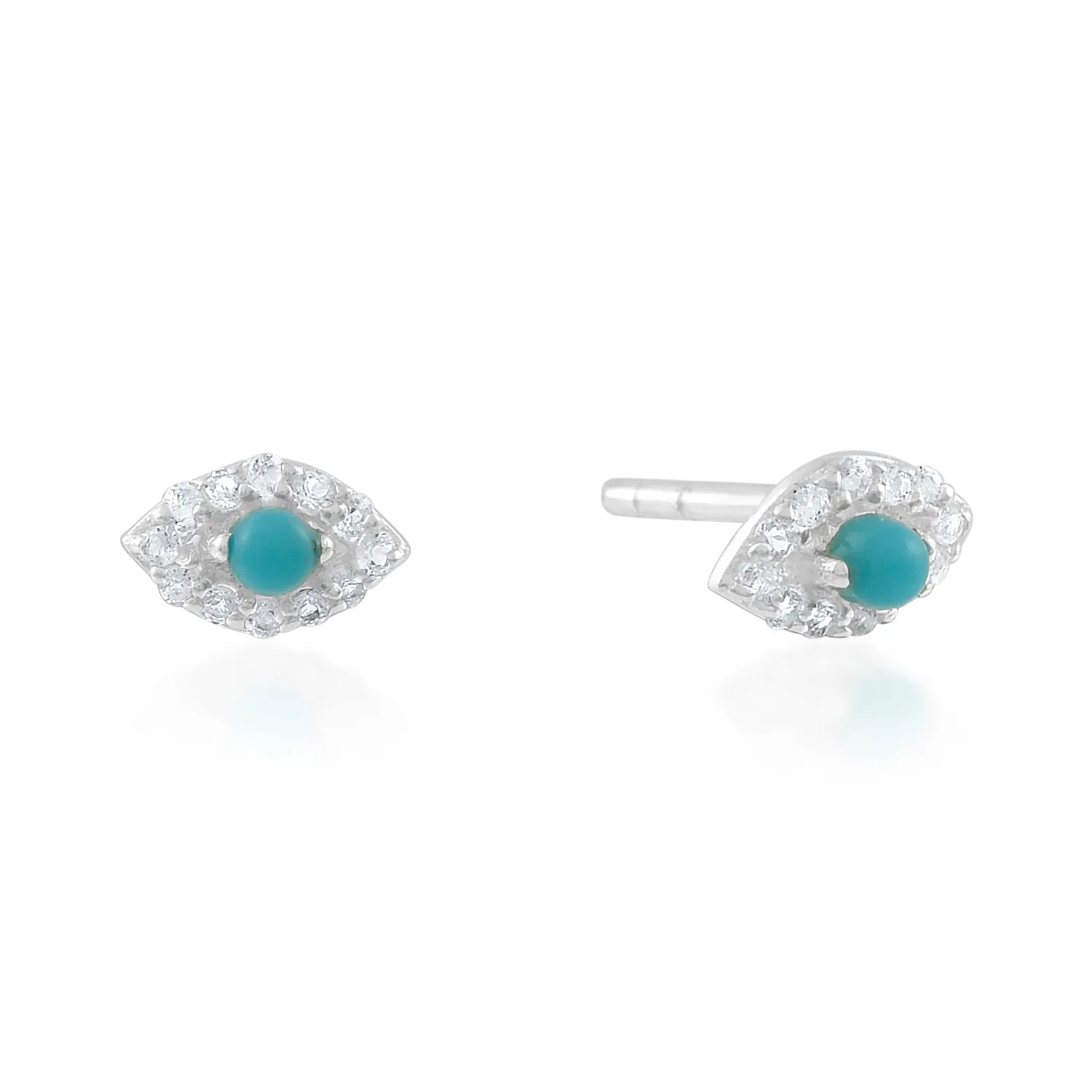 Sterling Silver Round Cut 2mm Turquoise White Topaz Evil Eye Stud Earrings