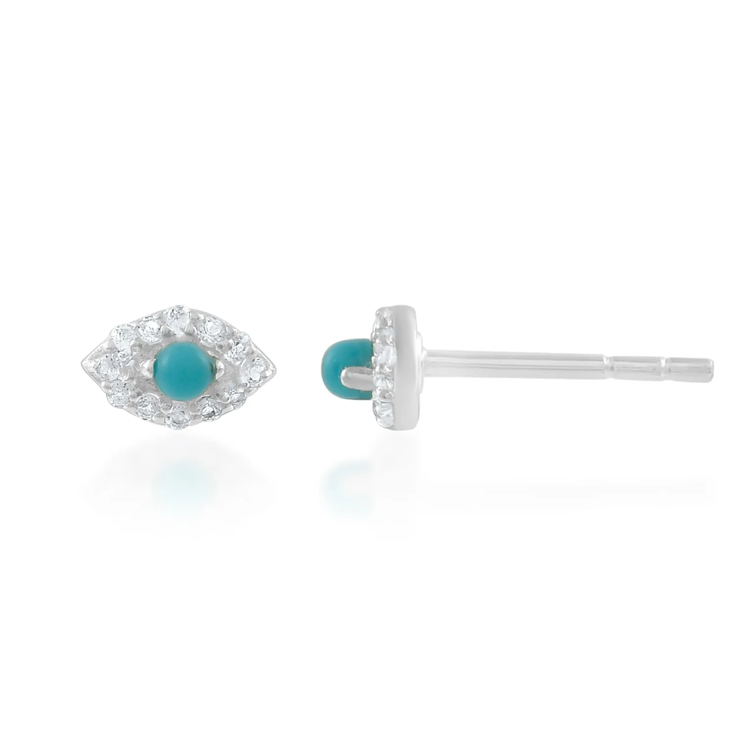 Sterling Silver Round Cut 2mm Turquoise White Topaz Evil Eye Stud Earrings