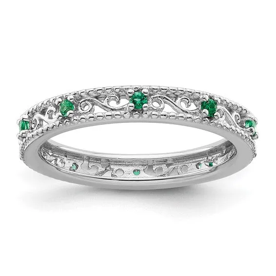 Sterling Silver Stackable Expressions Created Emerald Filigree Ring