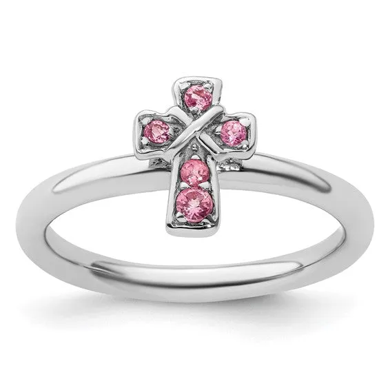 Sterling Silver Stackable Expressions Pink Tourmaline Cross Ring