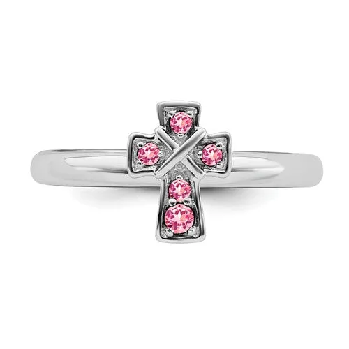 Sterling Silver Stackable Expressions Pink Tourmaline Cross Ring