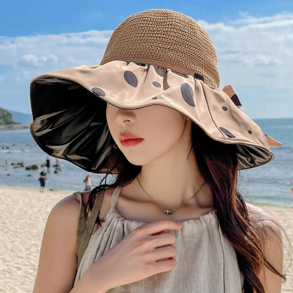 Summer Hats For Women Fashion Polka Dots Design Straw Hat High Quality Sun Protection Sun Hat Travel Beach Hat