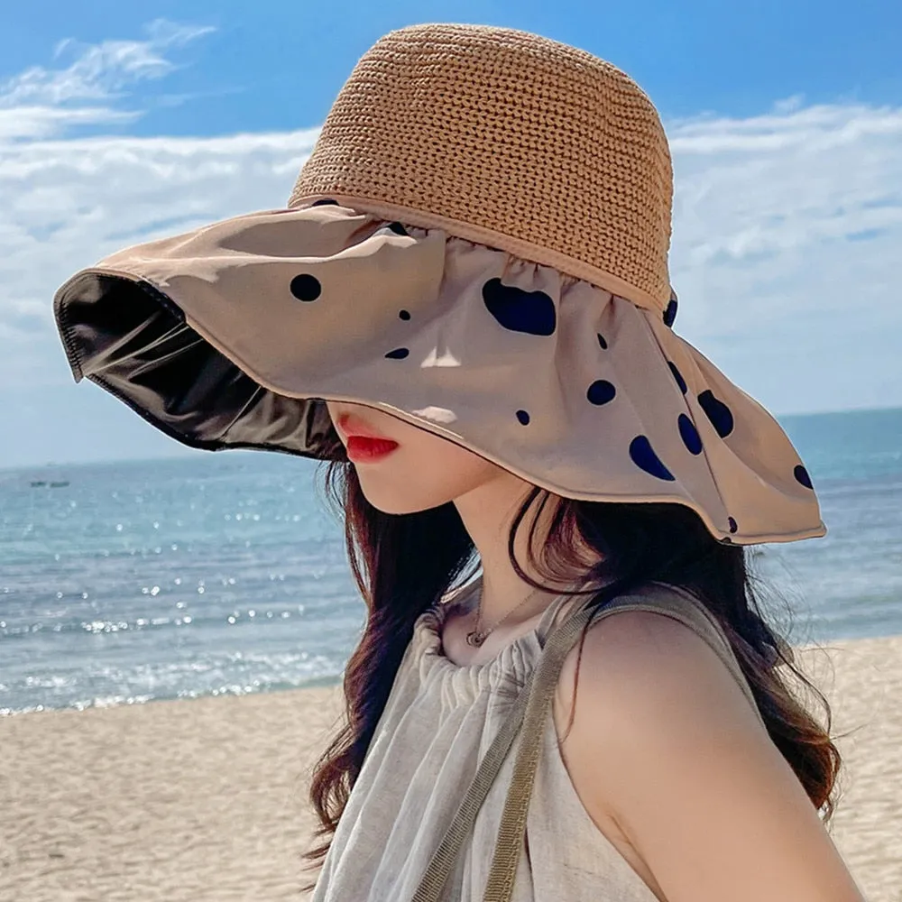 Summer Hats For Women Fashion Polka Dots Design Straw Hat High Quality Sun Protection Sun Hat Travel Beach Hat