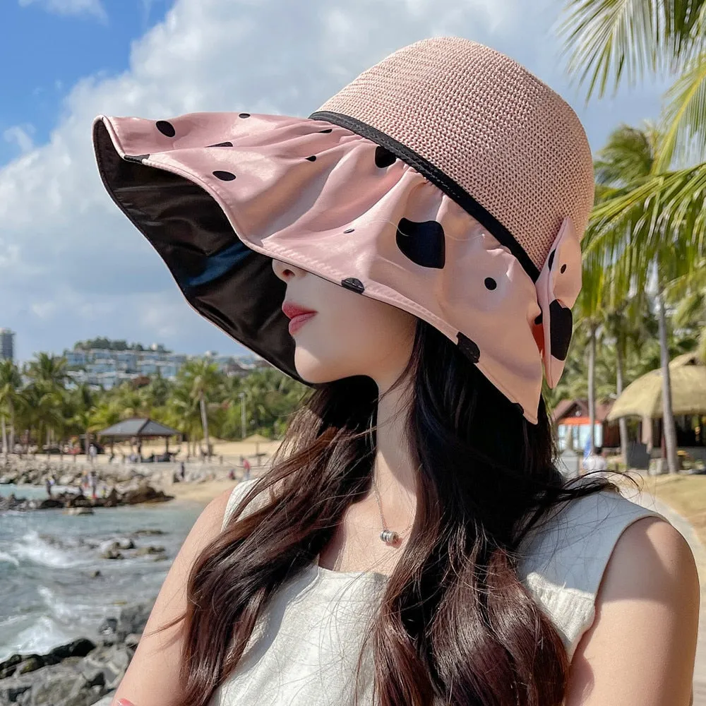 Summer Hats For Women Fashion Polka Dots Design Straw Hat High Quality Sun Protection Sun Hat Travel Beach Hat