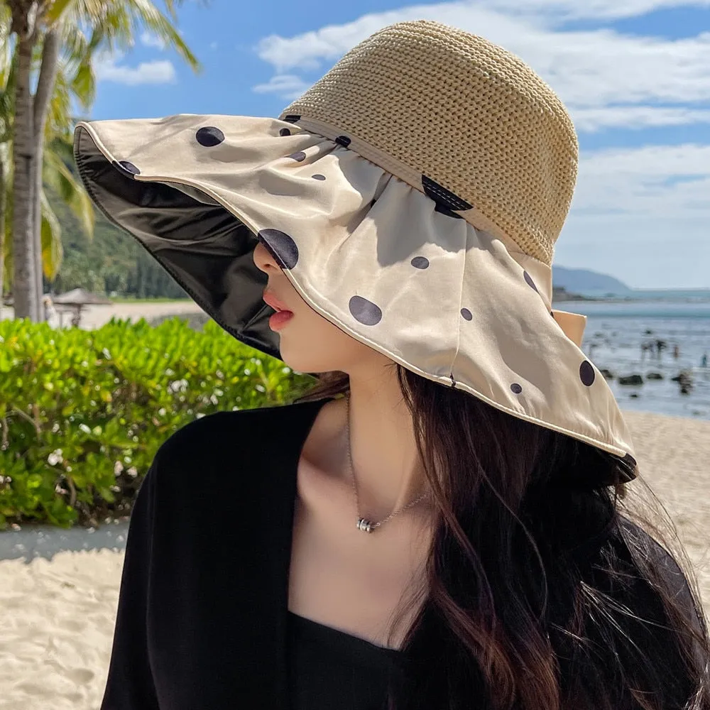 Summer Hats For Women Fashion Polka Dots Design Straw Hat High Quality Sun Protection Sun Hat Travel Beach Hat