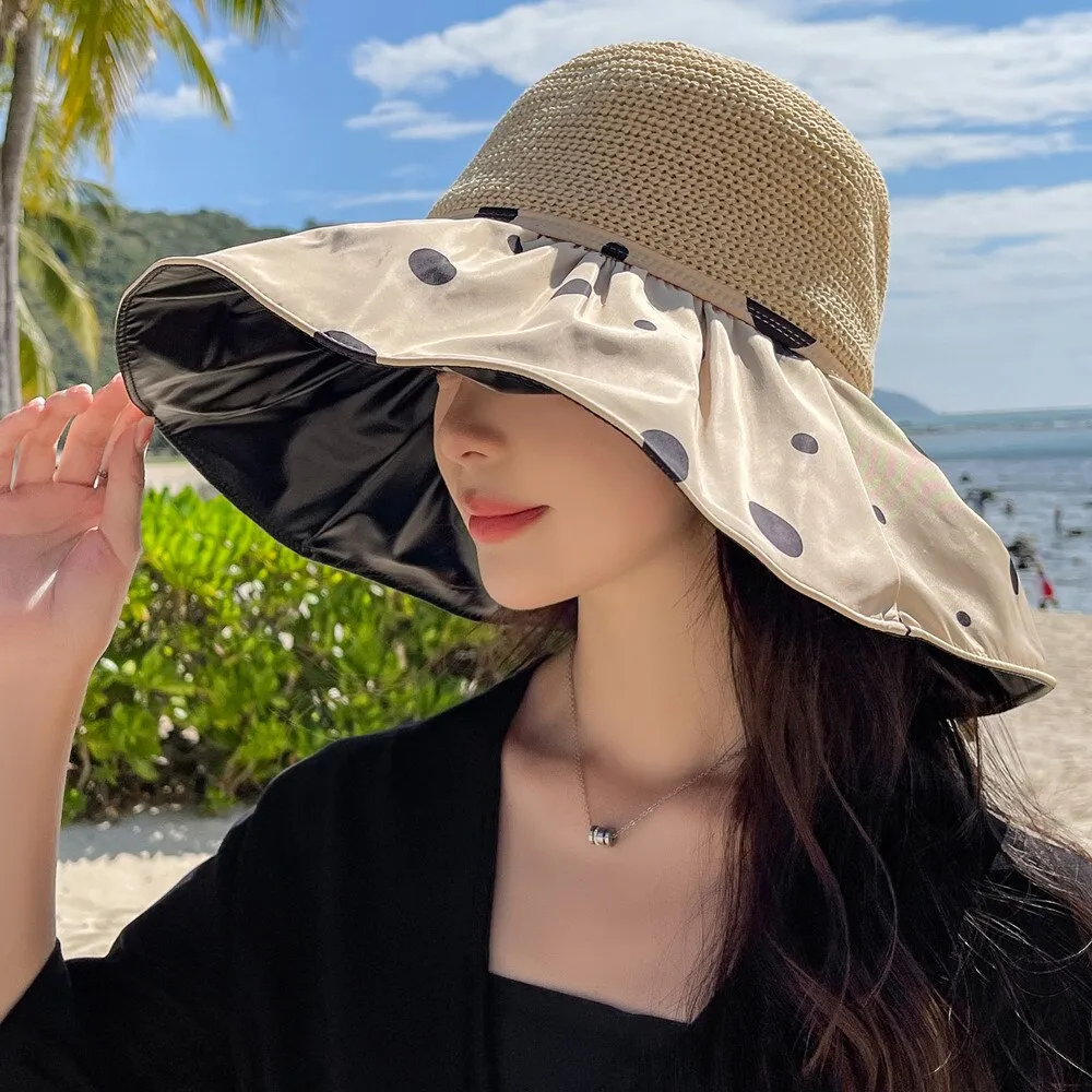 Summer Hats For Women Fashion Polka Dots Design Straw Hat High Quality Sun Protection Sun Hat Travel Beach Hat