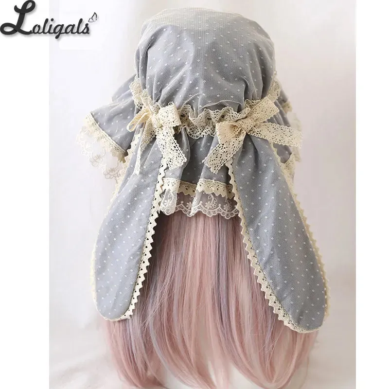 Sweet Lolita Summer Beanies Lovely Rabbit Ear Dotted Beach Wide Lace Brim Sun Hat w. Bow