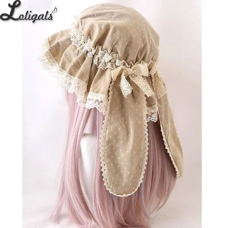 Sweet Lolita Summer Beanies Lovely Rabbit Ear Dotted Beach Wide Lace Brim Sun Hat w. Bow