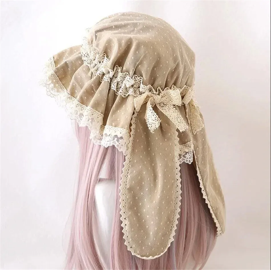 Sweet Lolita Summer Beanies Lovely Rabbit Ear Dotted Beach Wide Lace Brim Sun Hat w. Bow