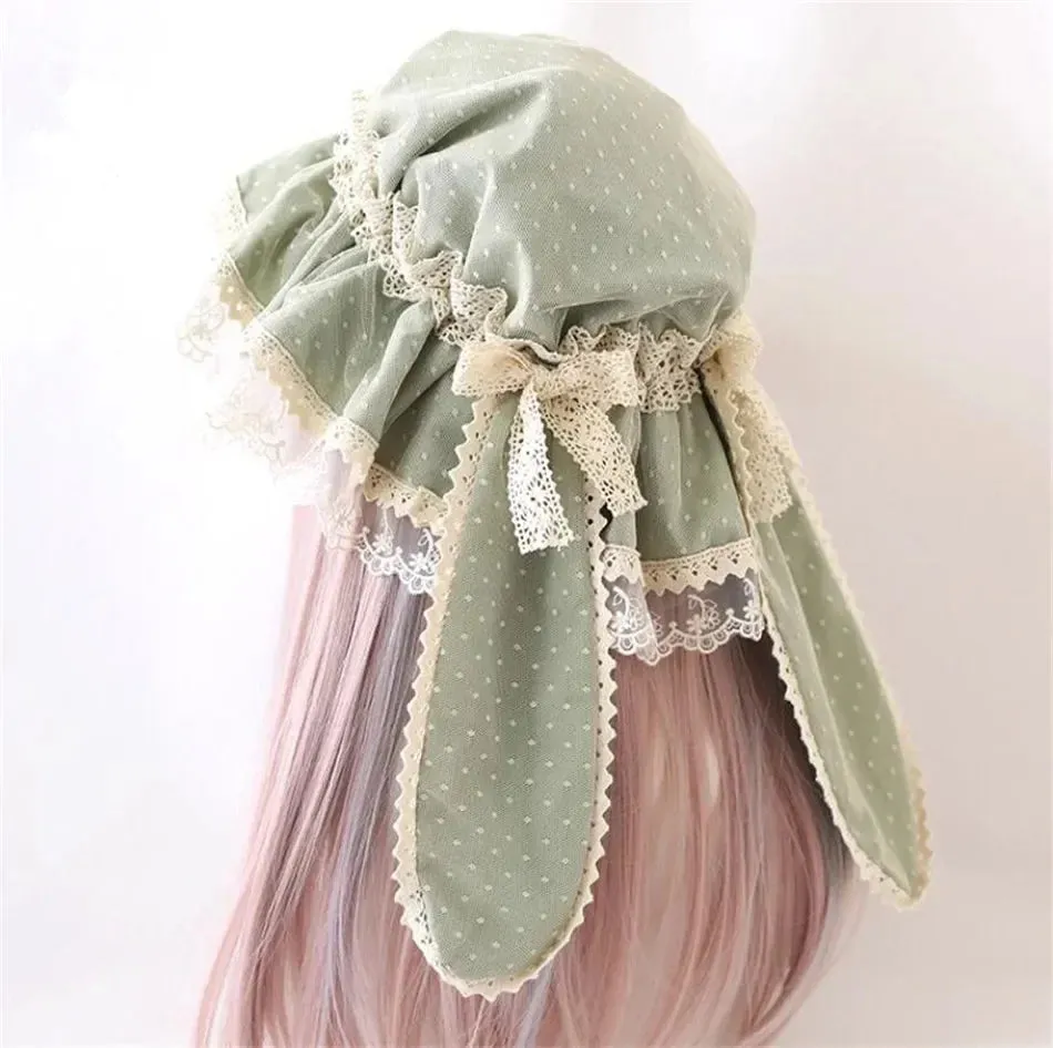 Sweet Lolita Summer Beanies Lovely Rabbit Ear Dotted Beach Wide Lace Brim Sun Hat w. Bow