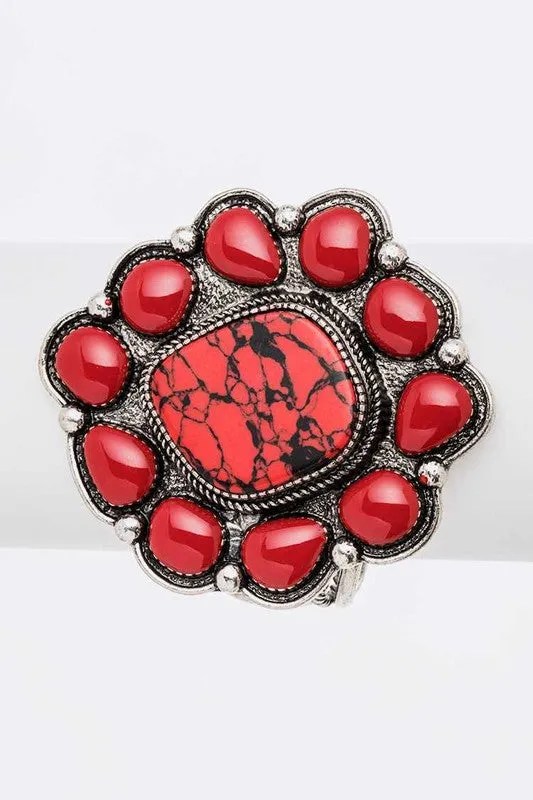 TEEK - Silver Red Oversize Stone Flower Open Bangle