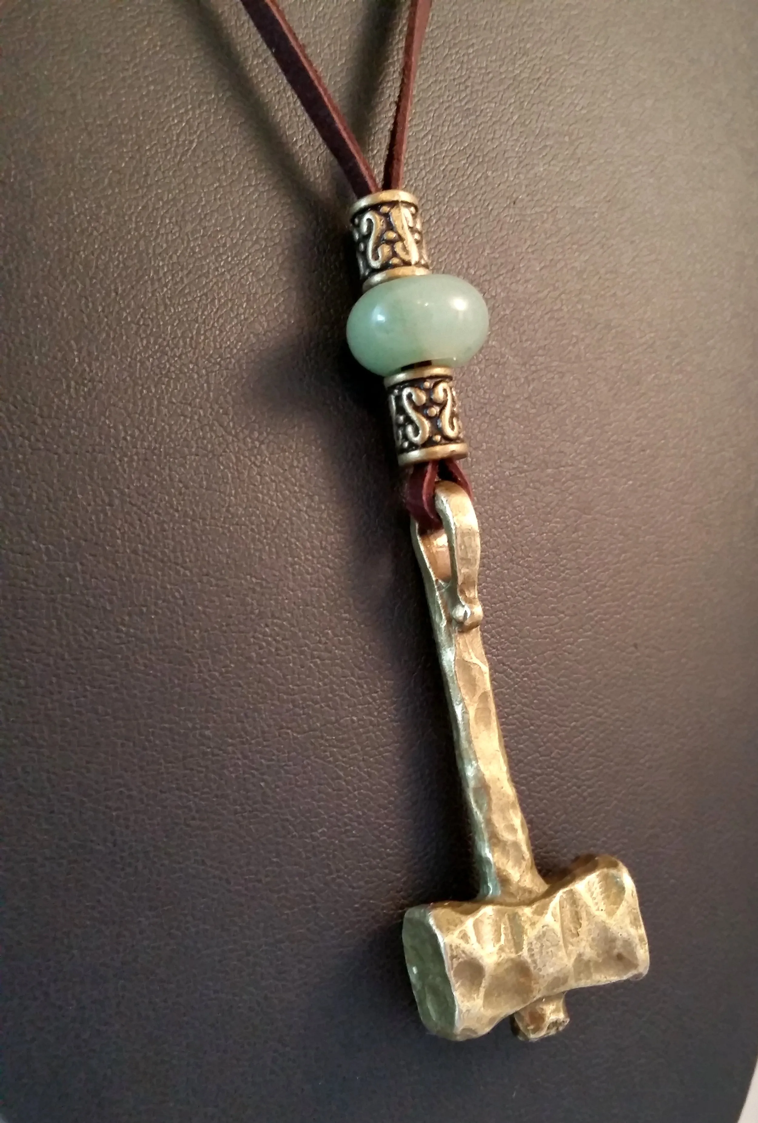 Thor's Hammer Necklace Bronze Brown Leather Jade