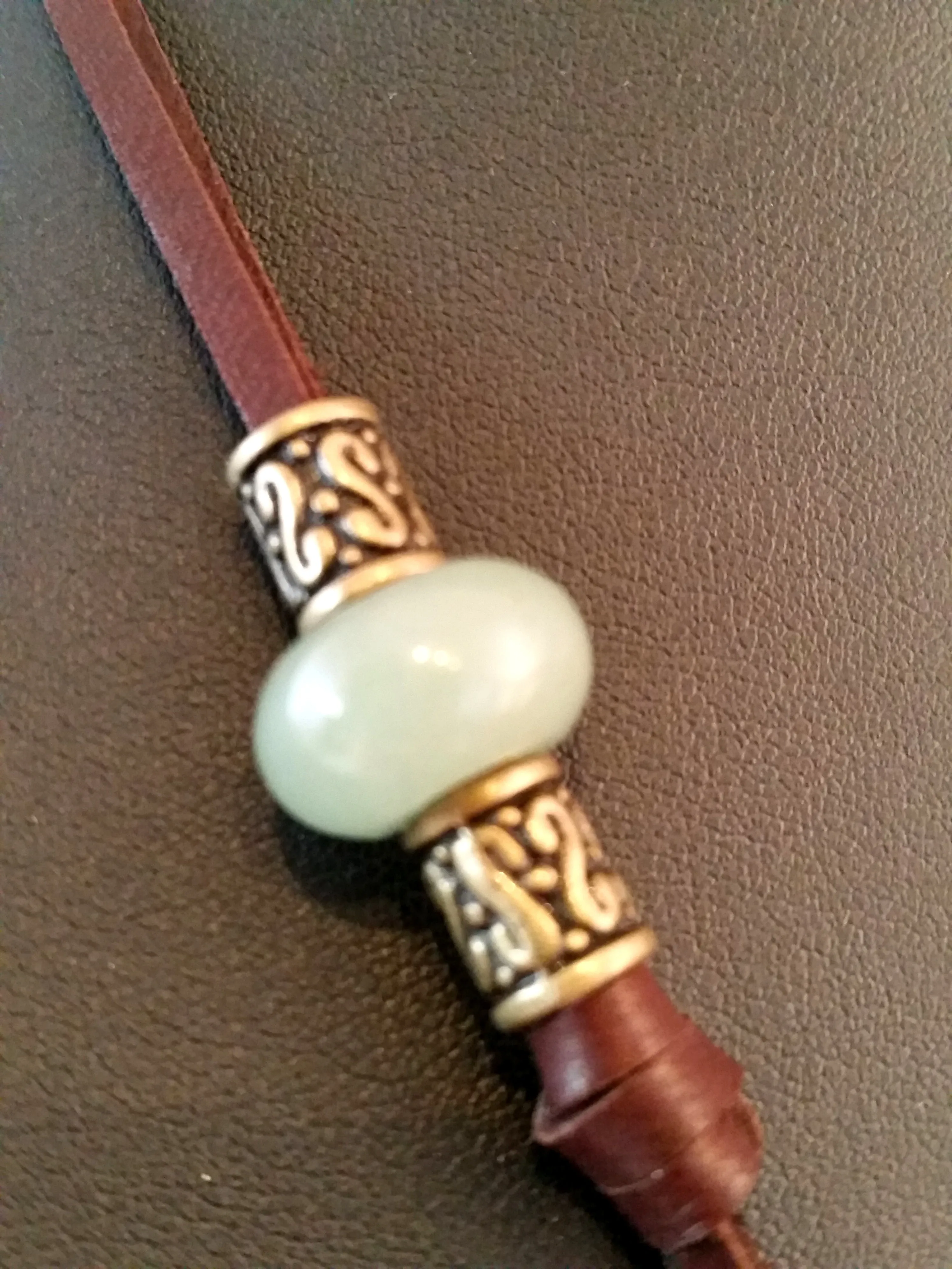 Thor's Hammer Necklace Bronze Brown Leather Jade