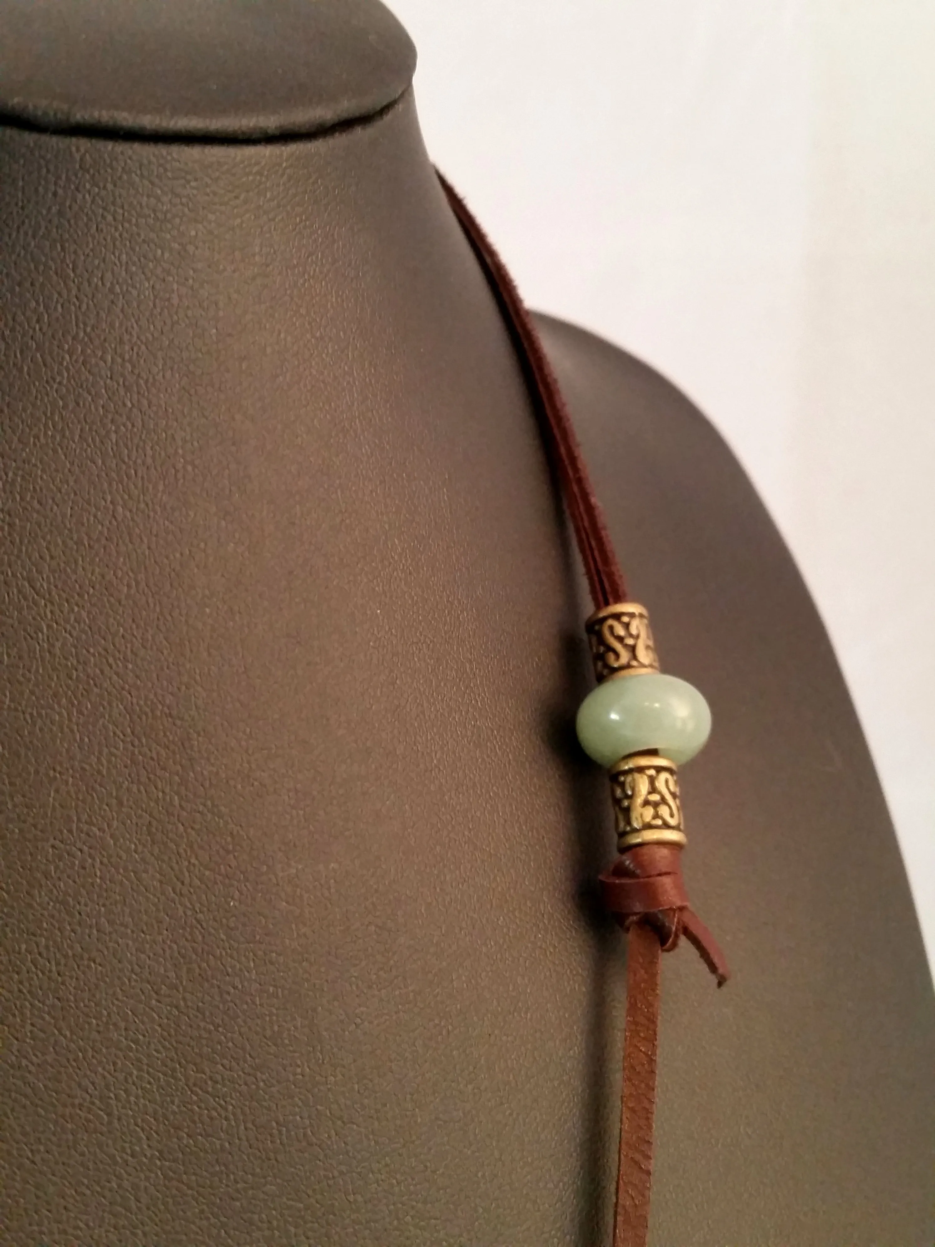 Thor's Hammer Necklace Bronze Brown Leather Jade