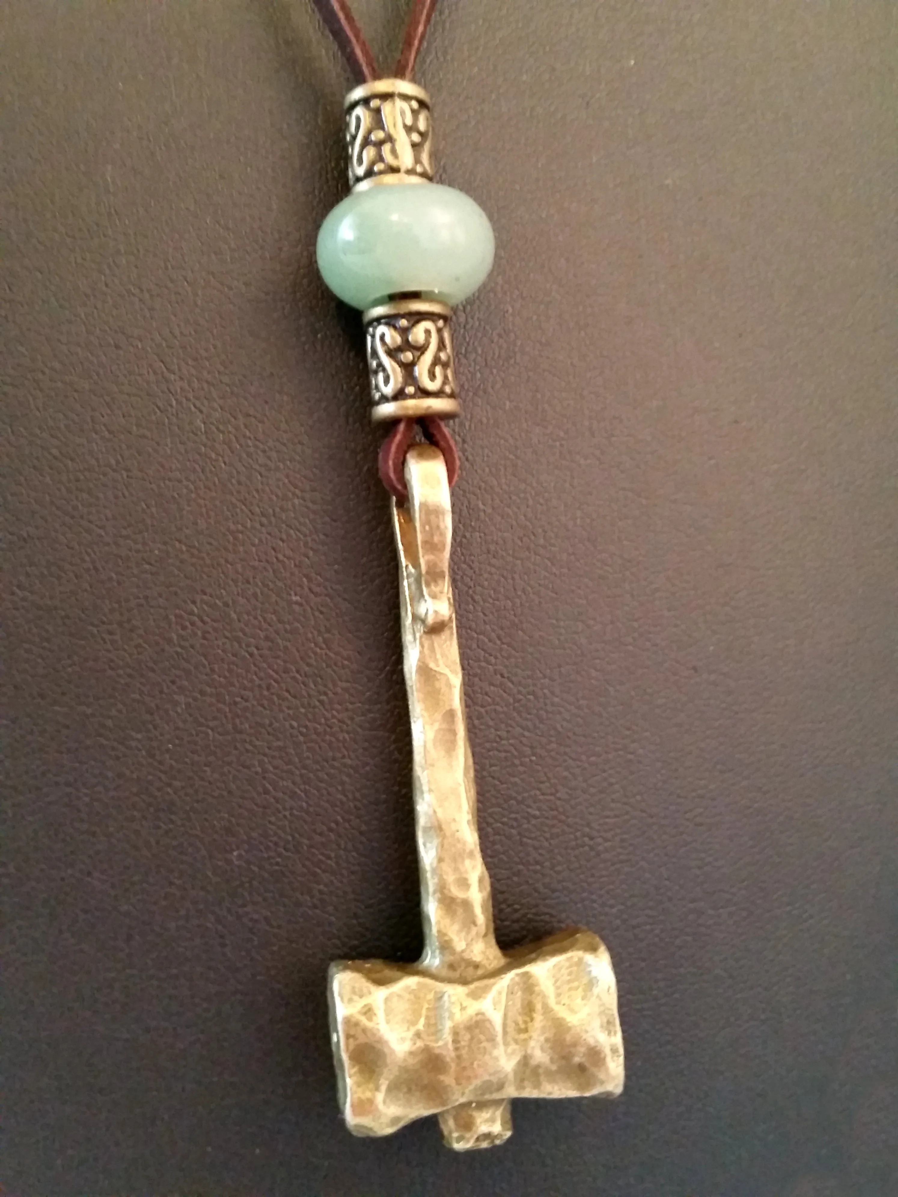 Thor's Hammer Necklace Bronze Brown Leather Jade