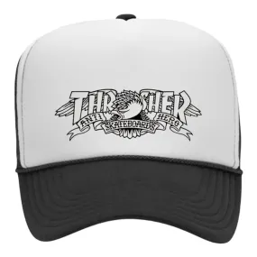 THRASHER X ANTI-HERO MAG BANNER TRUCKER HAT BLACK WHITE