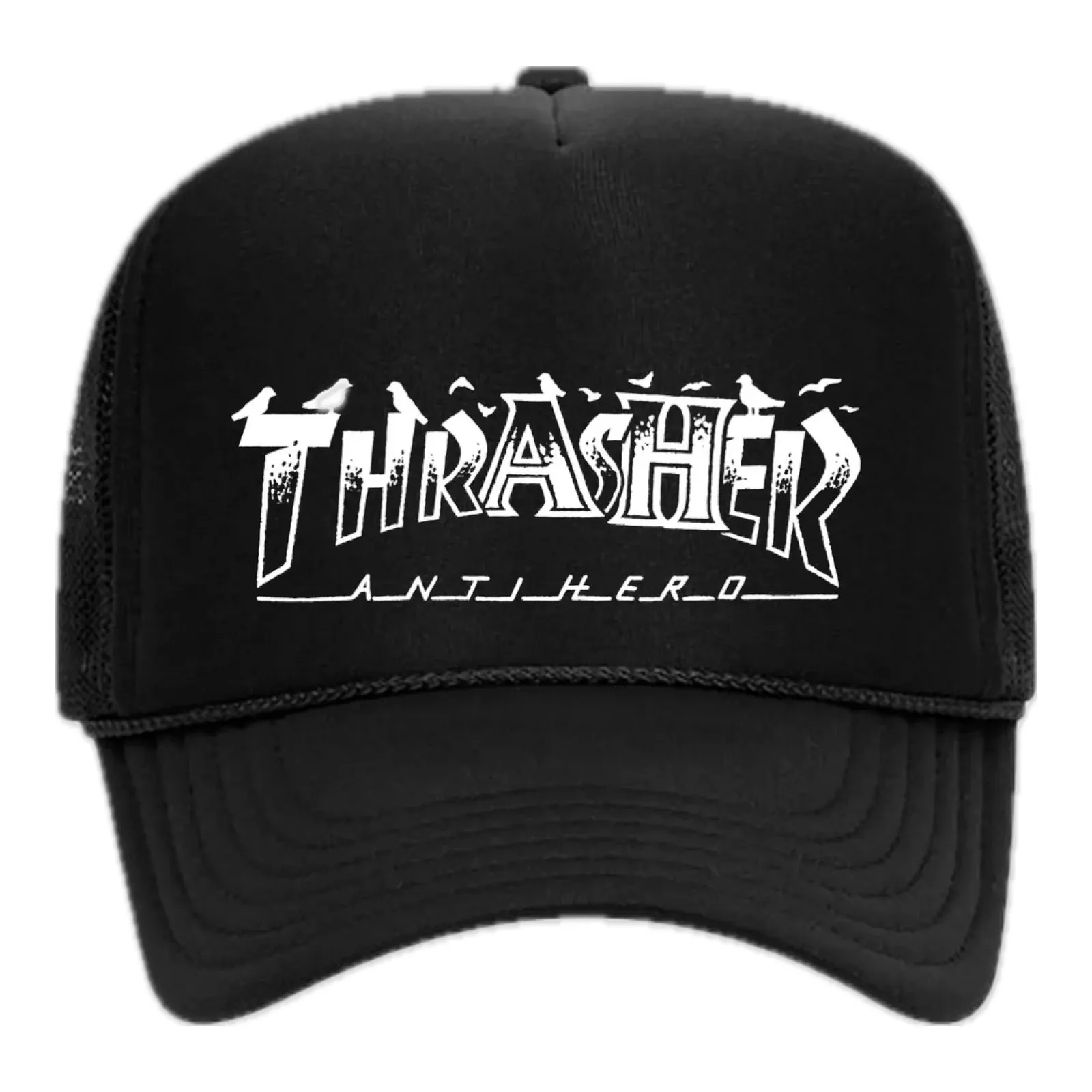 THRASHER X ANTI-HERO PIGEON MAG TRUCKER HAT BLACK