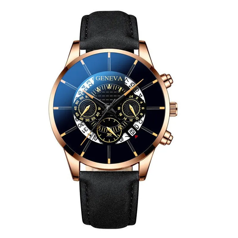 Three-Eye Blue Needle Watch Men's Watch Casual Belt Quartz Watch Watch Business Calendar Watch Men