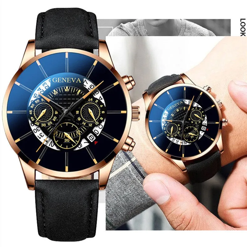 Three-Eye Blue Needle Watch Men's Watch Casual Belt Quartz Watch Watch Business Calendar Watch Men