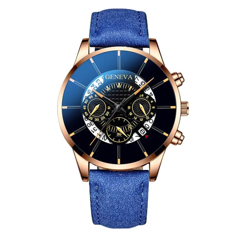 Three-Eye Blue Needle Watch Men's Watch Casual Belt Quartz Watch Watch Business Calendar Watch Men