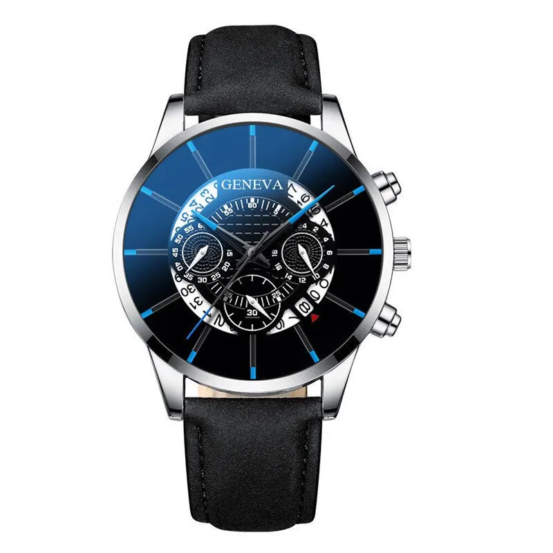 Three-Eye Blue Needle Watch Men's Watch Casual Belt Quartz Watch Watch Business Calendar Watch Men