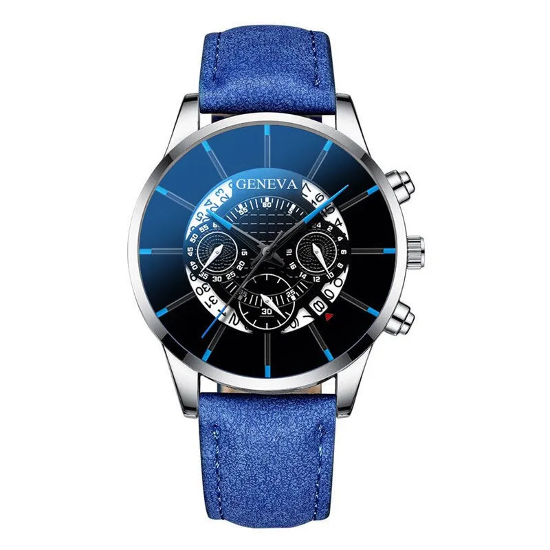 Three-Eye Blue Needle Watch Men's Watch Casual Belt Quartz Watch Watch Business Calendar Watch Men