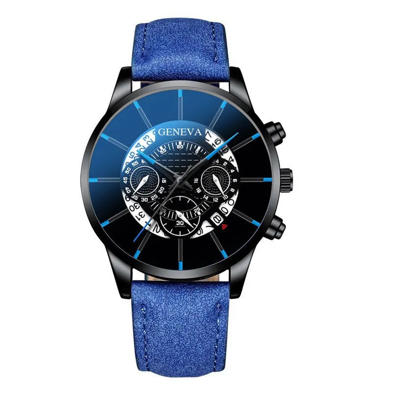 Three-Eye Blue Needle Watch Men's Watch Casual Belt Quartz Watch Watch Business Calendar Watch Men