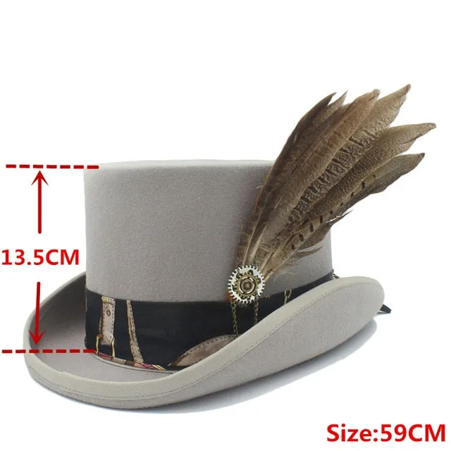 Top 13.5CM Black Fedora Hat Wool Women Men Steampunk Top Hat Handwork Leather Magic Cosplay Party Cylinder Hat Caps Dropshipping