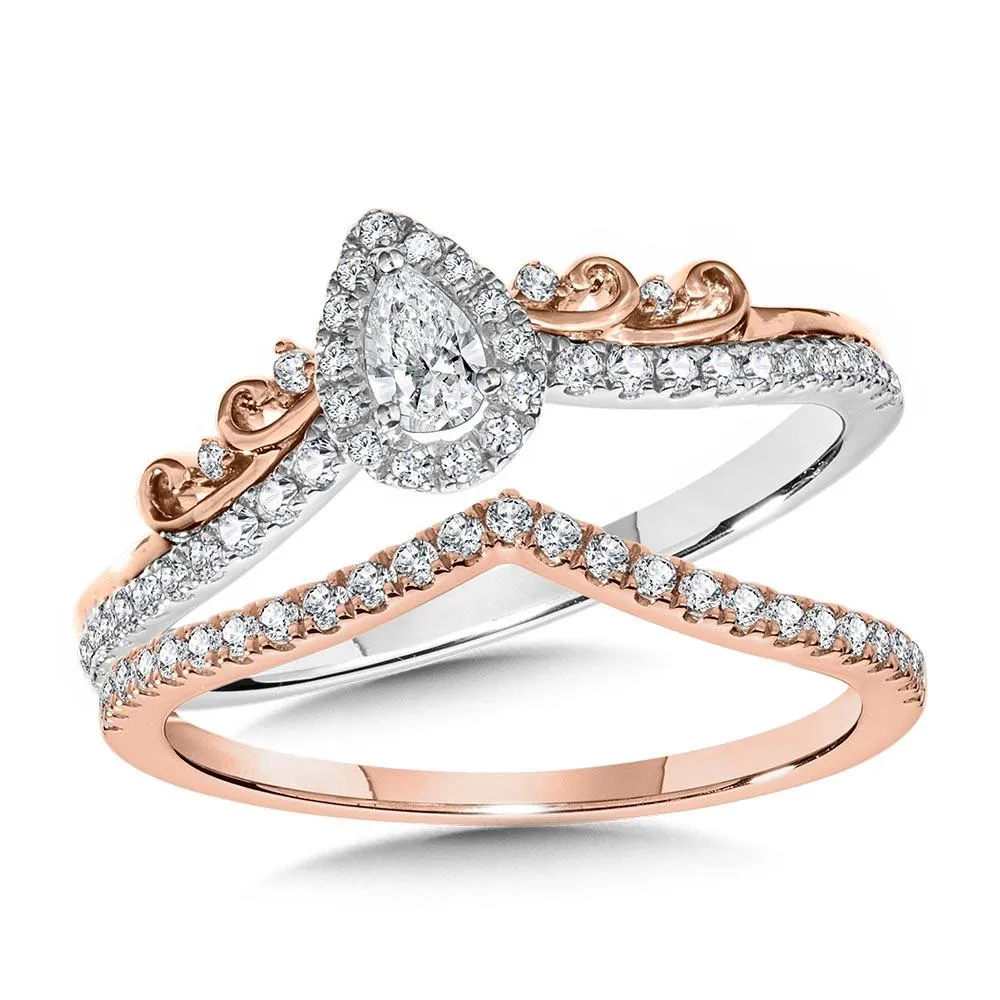 TWO TONE PEAR-SHAPED HALO & DIAMOND CHEVRON BRIDAL SET