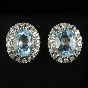 Victorian Style Blue Topaz Diamond Cluster Earrings 9ct Gold