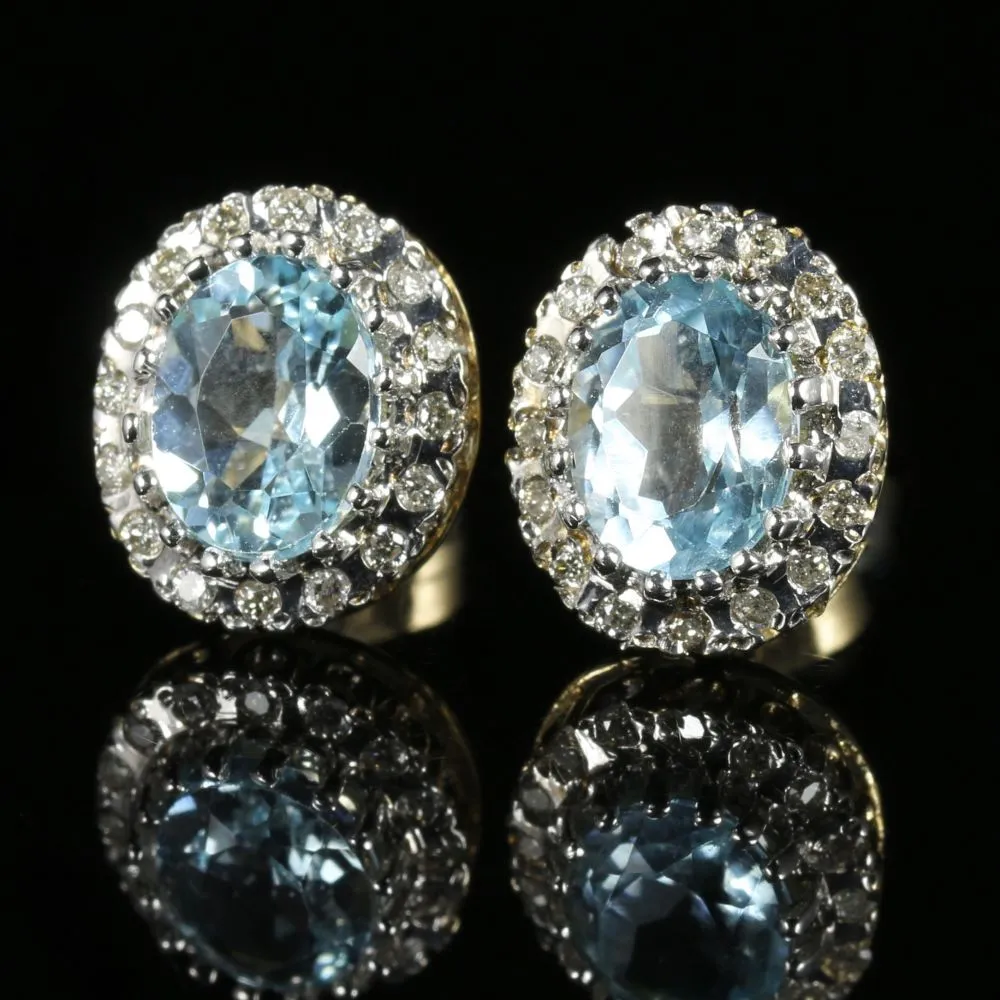 Victorian Style Blue Topaz Diamond Cluster Earrings 9ct Gold