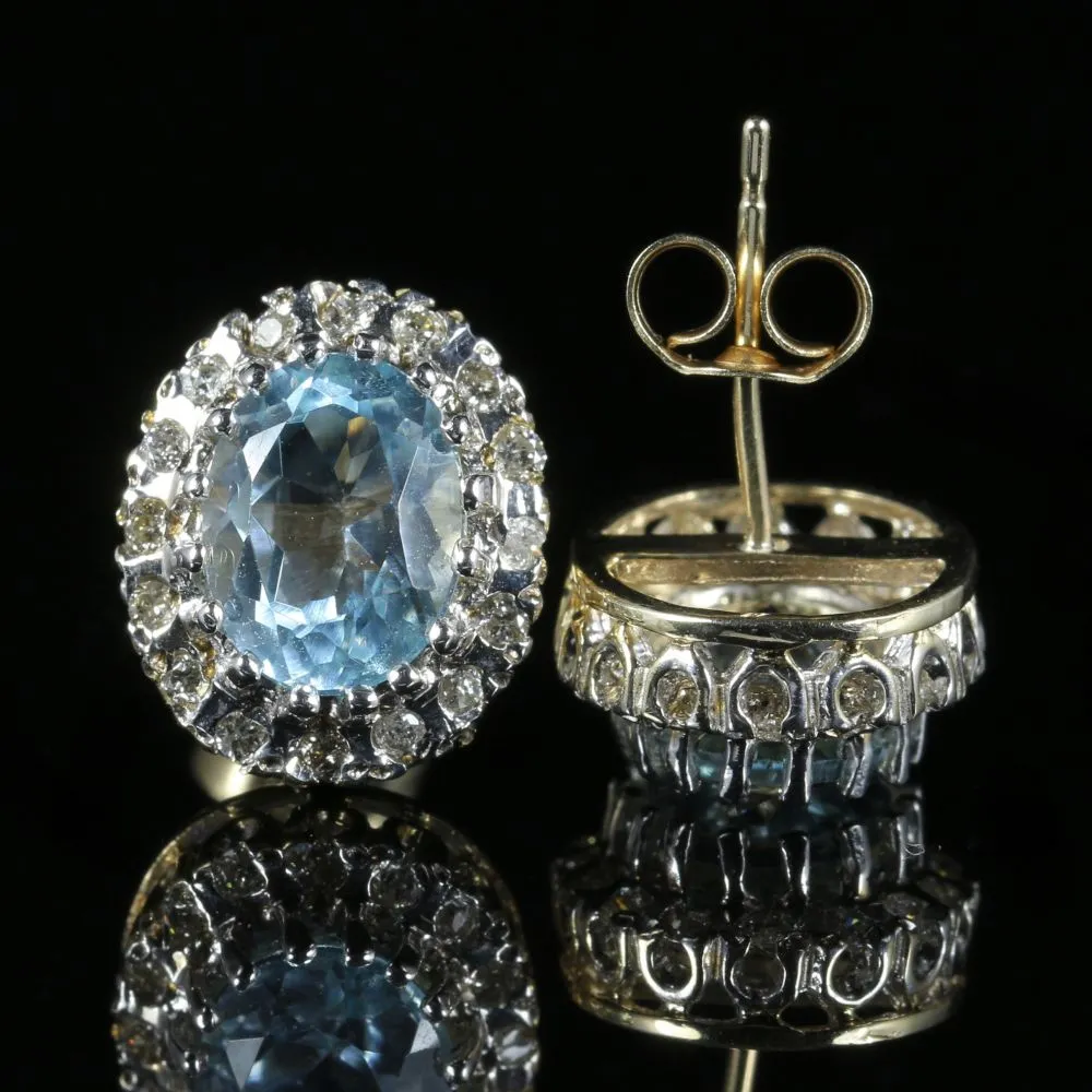 Victorian Style Blue Topaz Diamond Cluster Earrings 9ct Gold