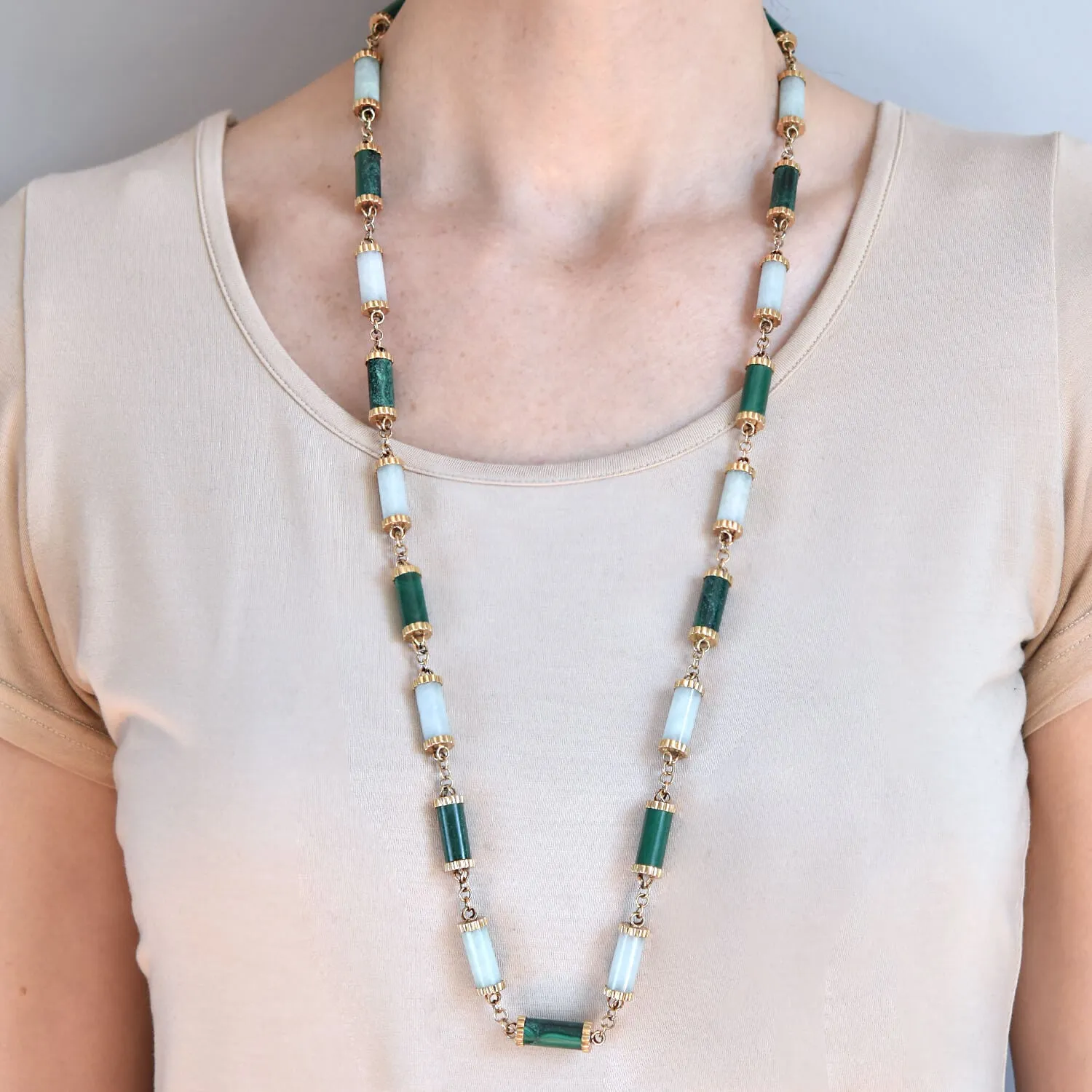 Vintage 14kt Nephrite Jade   Malachite Link Necklace 35"