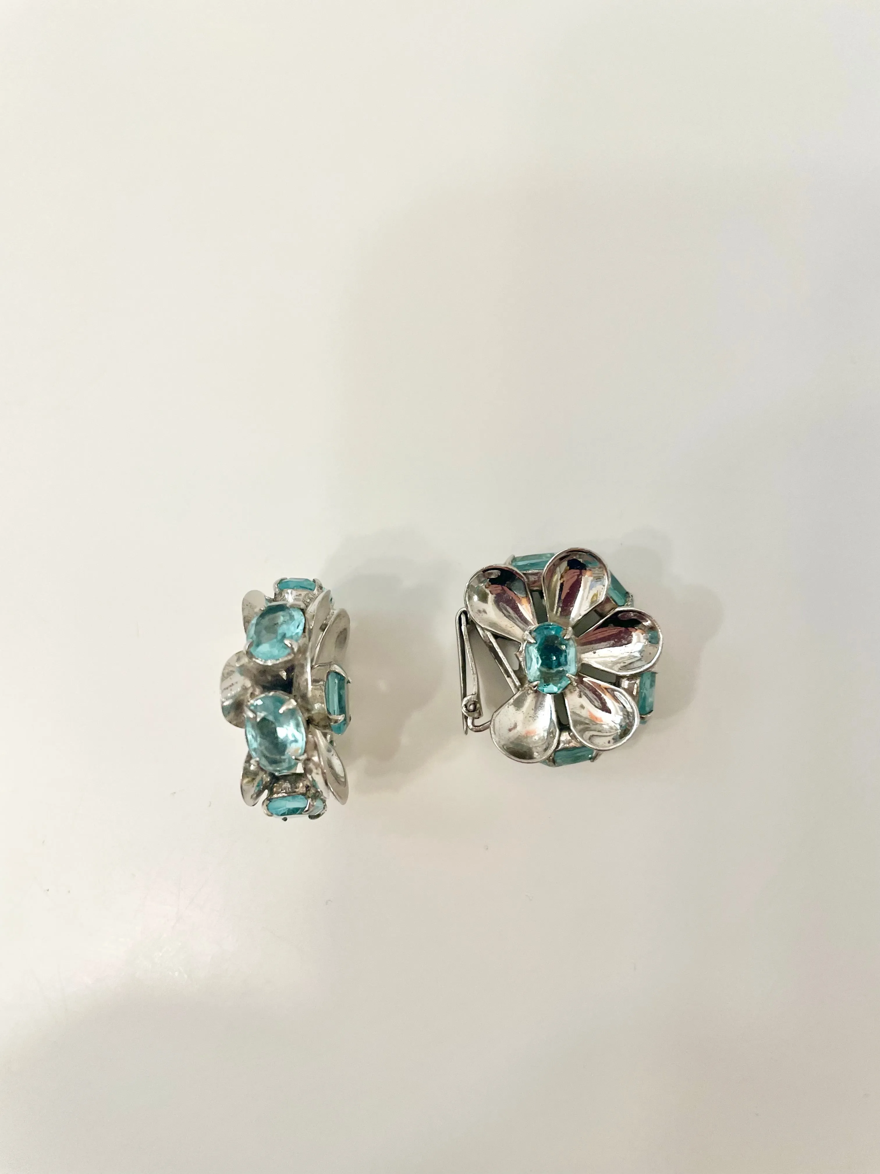 Vintage 1950's elegant silver, and blue topaz flower earrings, so unique