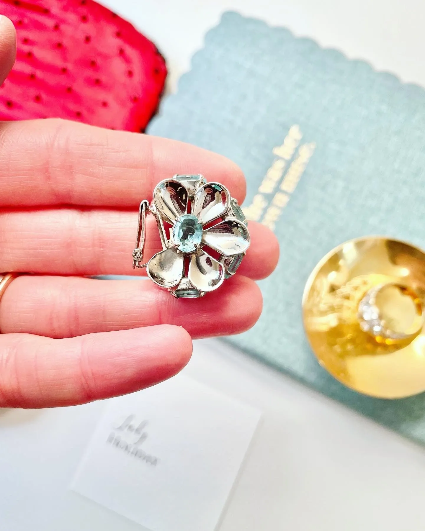 Vintage 1950's elegant silver, and blue topaz flower earrings, so unique