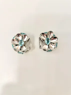 Vintage 1950's elegant silver, and blue topaz flower earrings, so unique