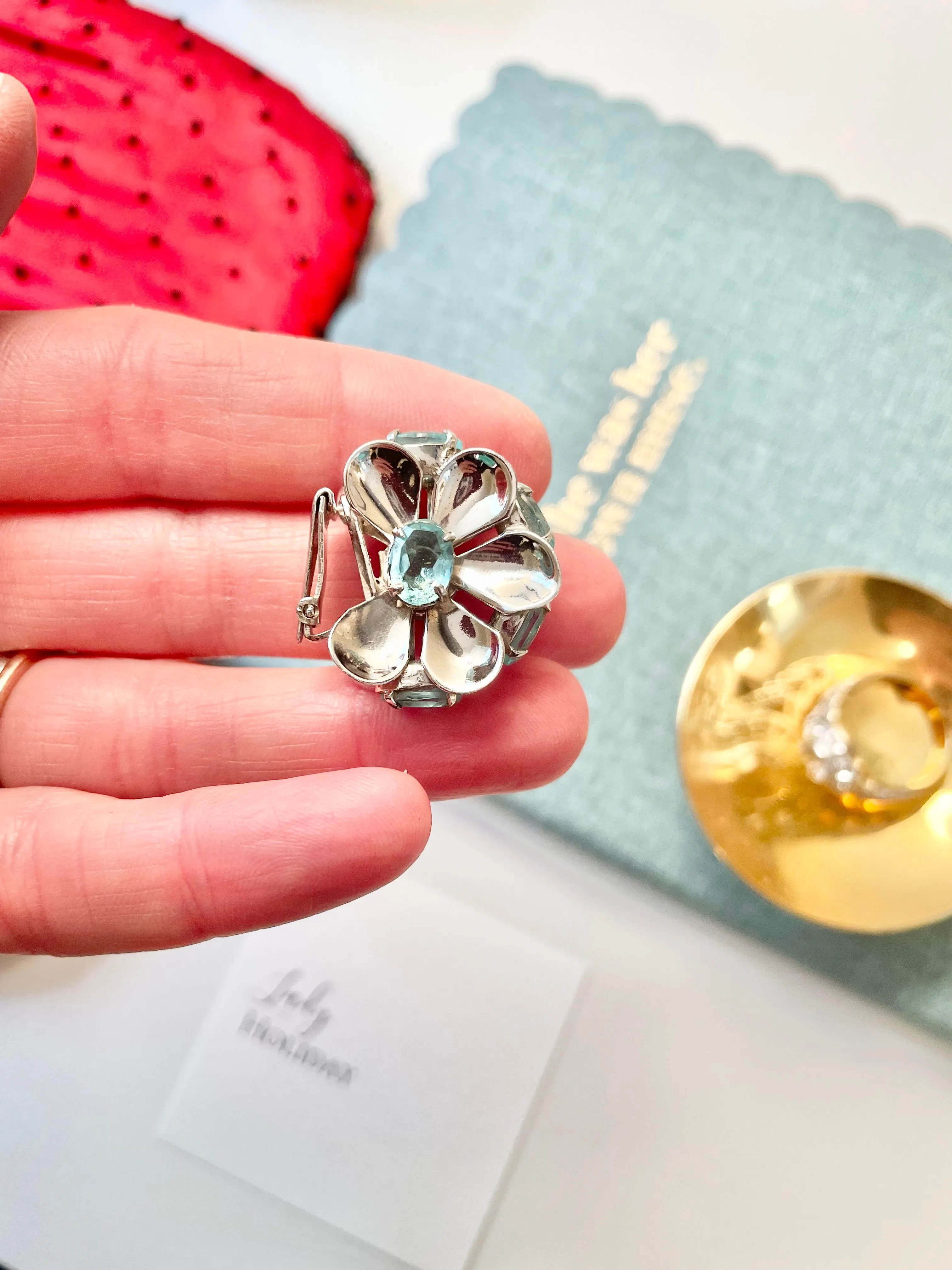 Vintage 1950's elegant silver, and blue topaz flower earrings, so unique