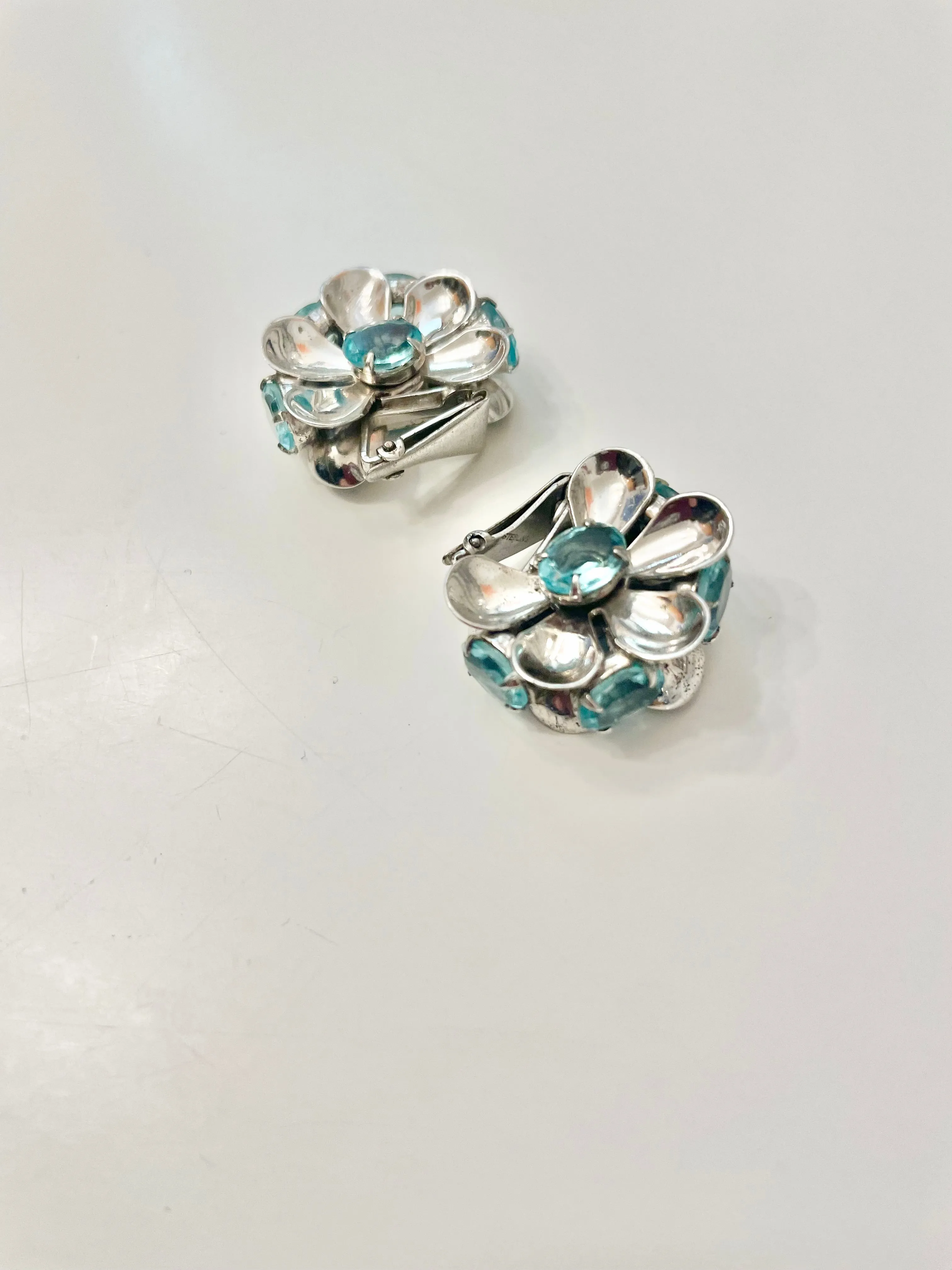 Vintage 1950's elegant silver, and blue topaz flower earrings, so unique