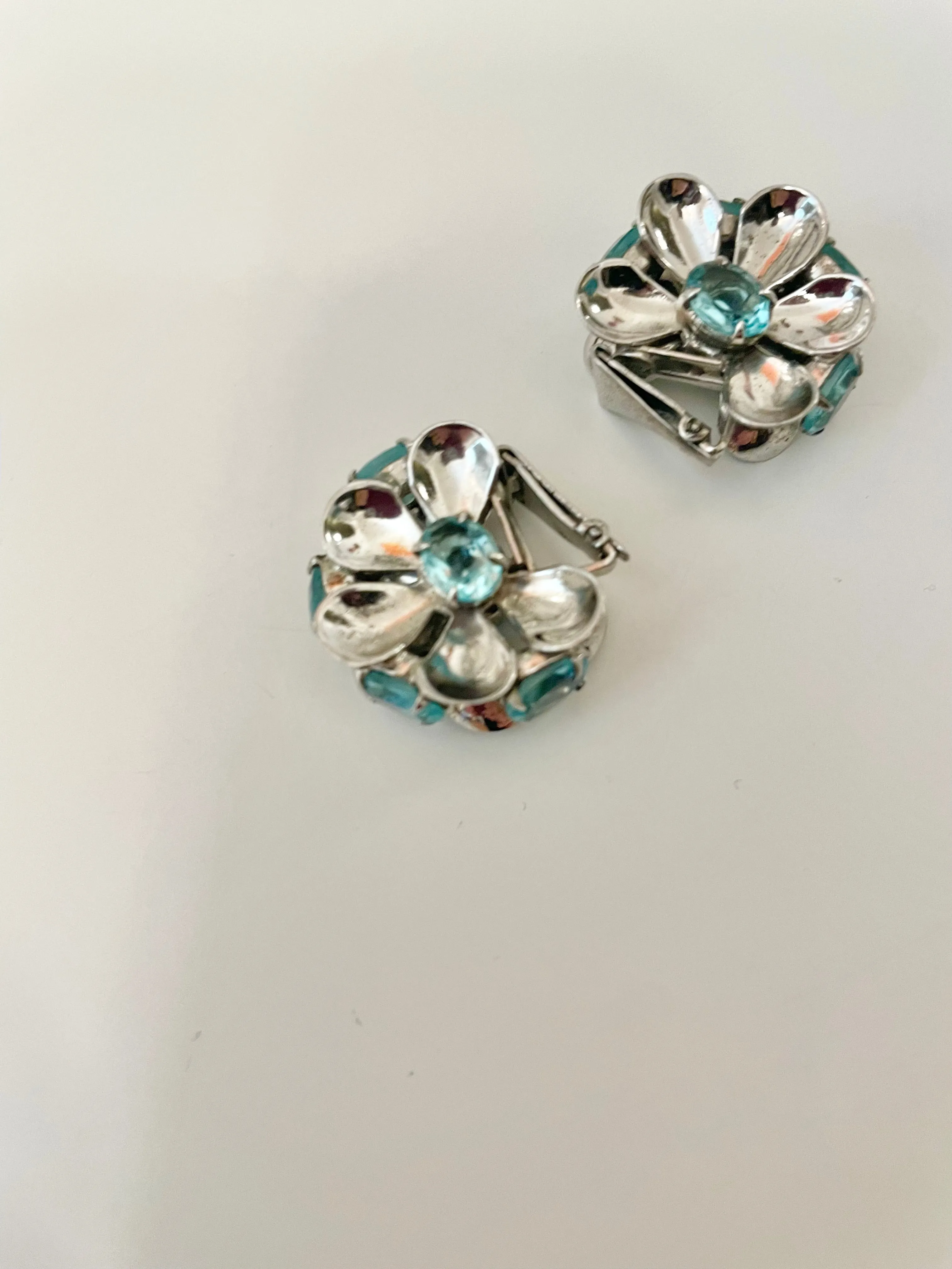 Vintage 1950's elegant silver, and blue topaz flower earrings, so unique