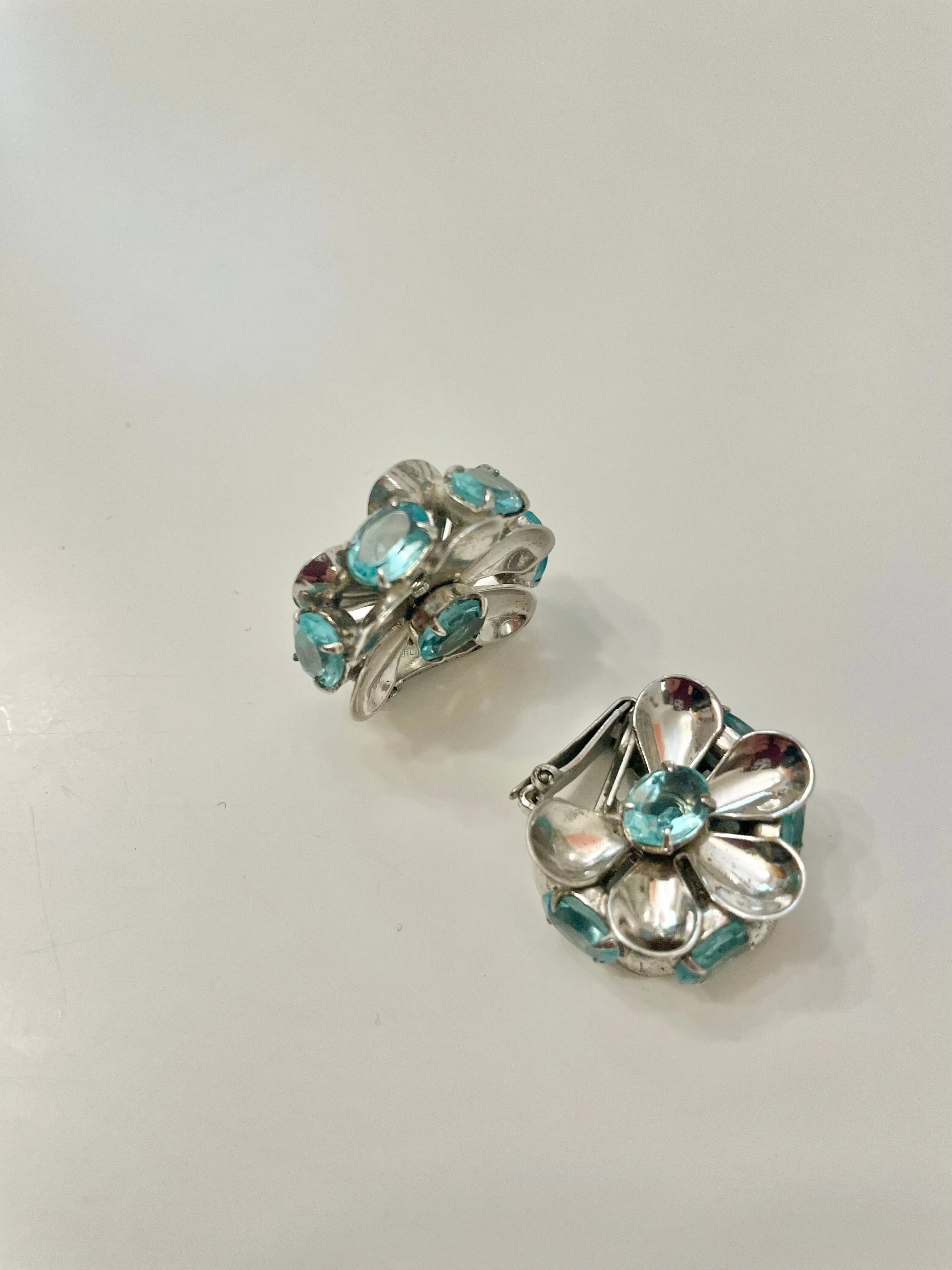 Vintage 1950's elegant silver, and blue topaz flower earrings, so unique