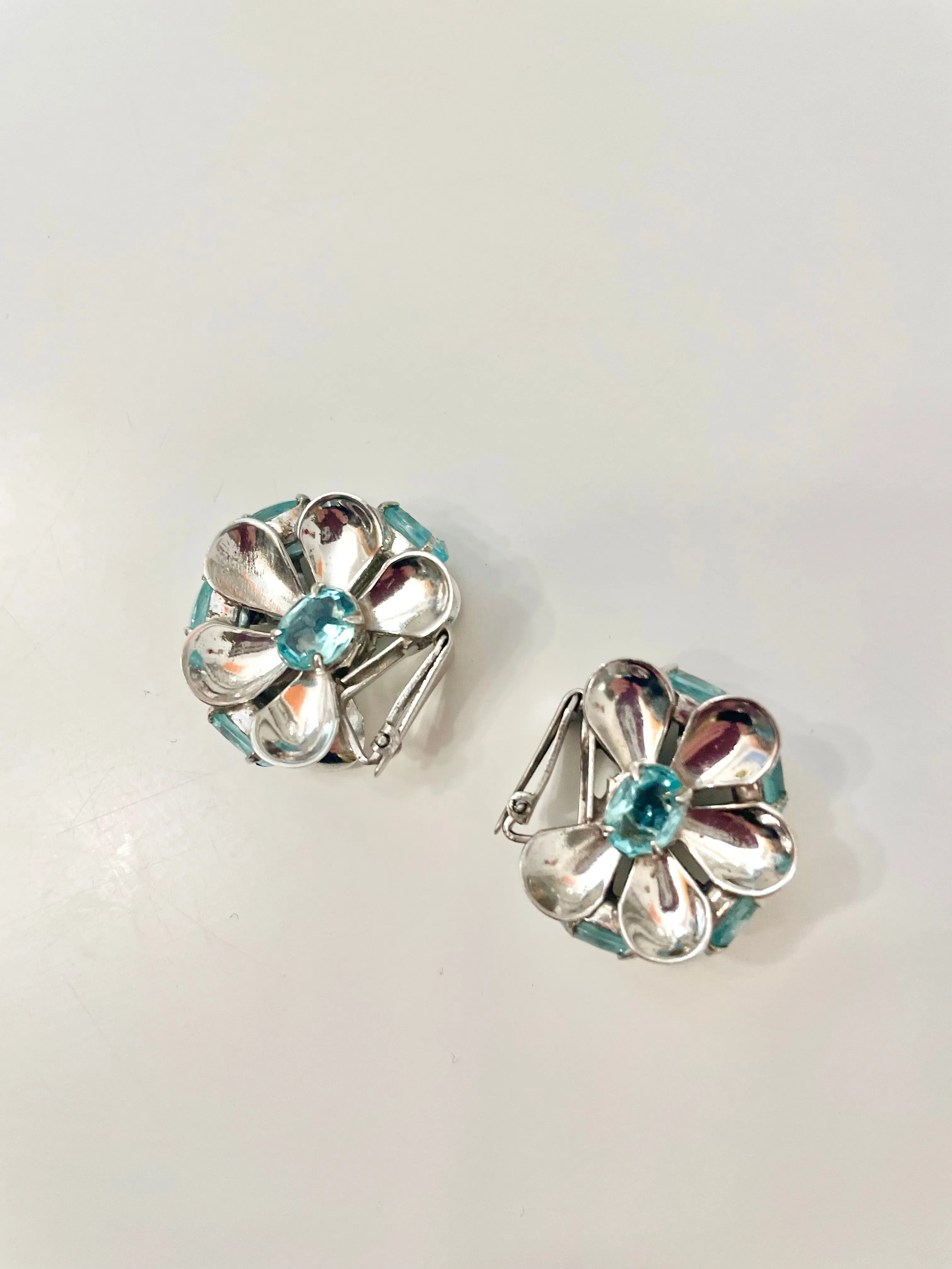 Vintage 1950's elegant silver, and blue topaz flower earrings, so unique