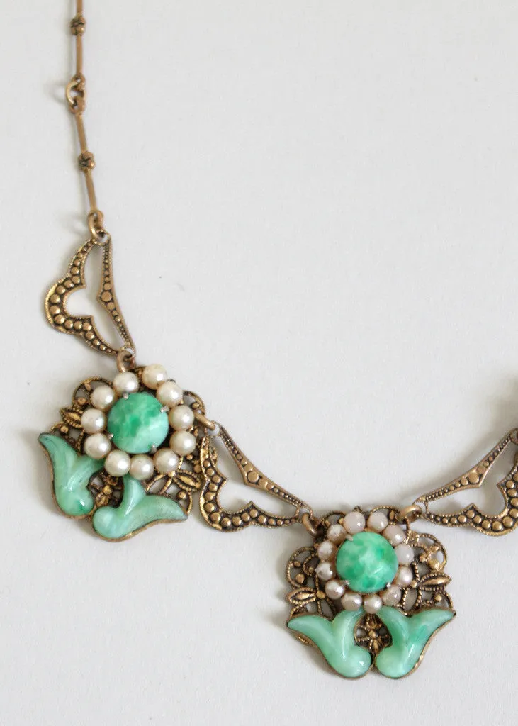 Vintage Late 1920s Jade Glass and Pearl Necklace