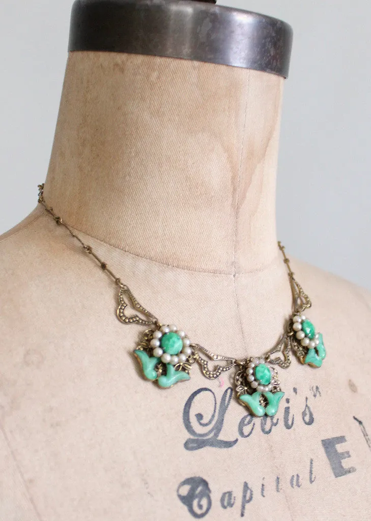 Vintage Late 1920s Jade Glass and Pearl Necklace