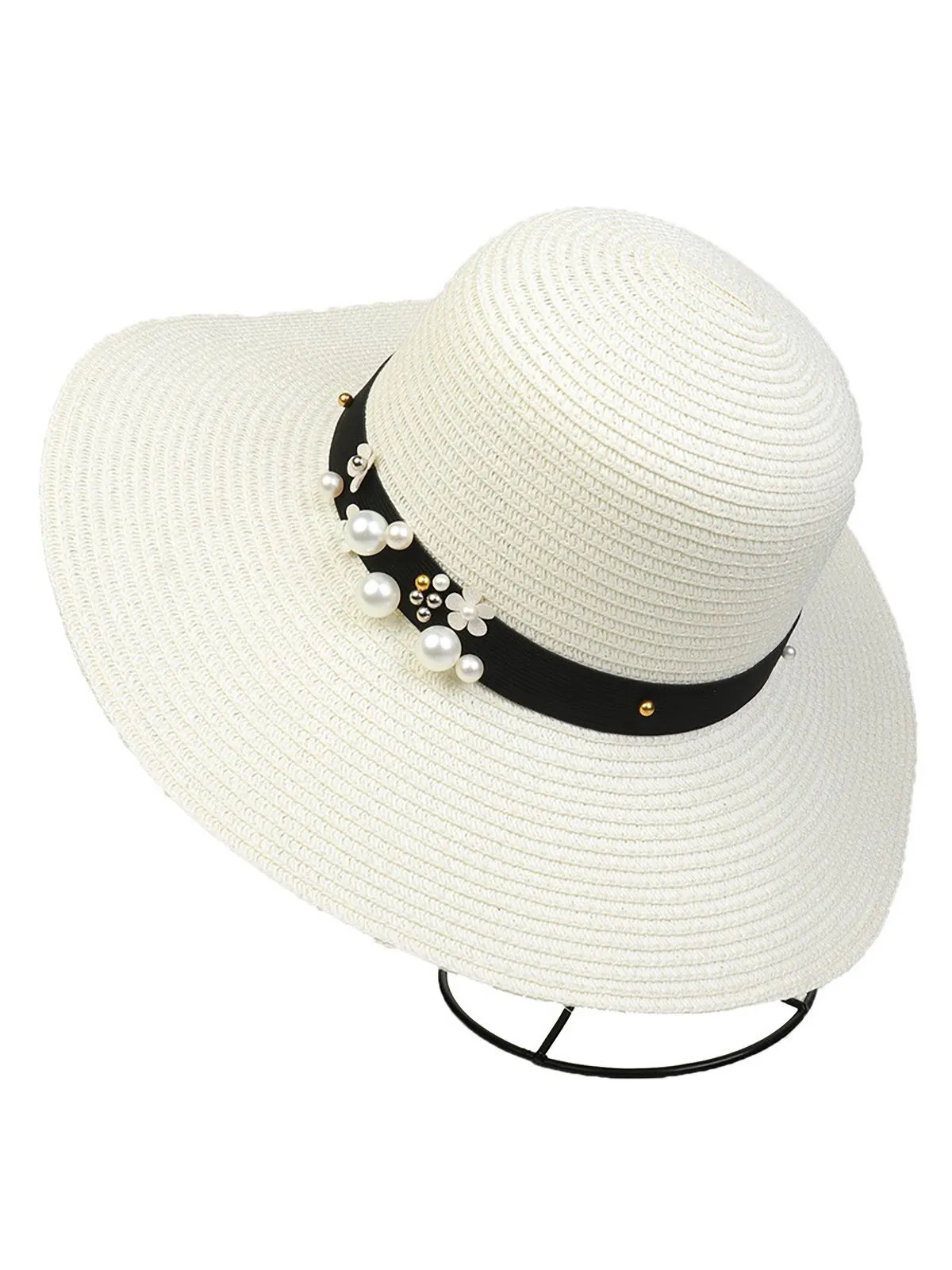 Vintage Wide Brim Foldable Sun Hat With Pearl