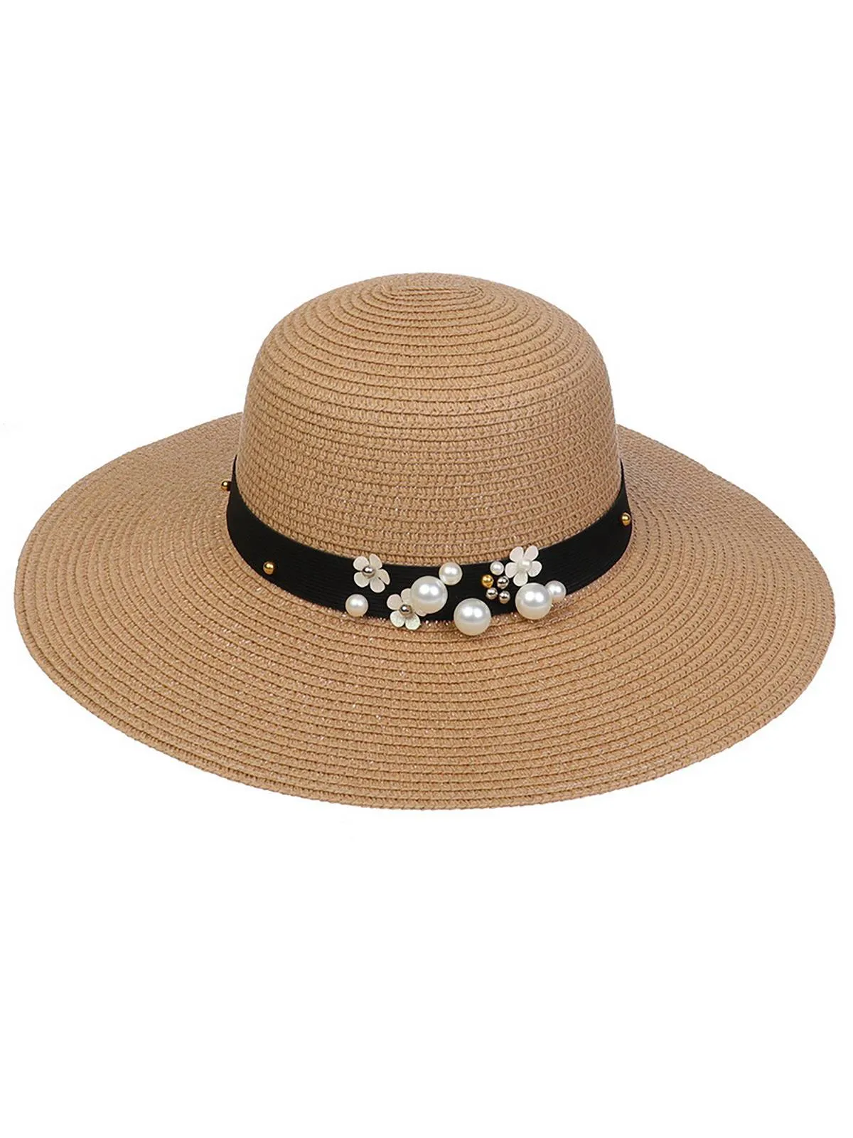 Vintage Wide Brim Foldable Sun Hat With Pearl