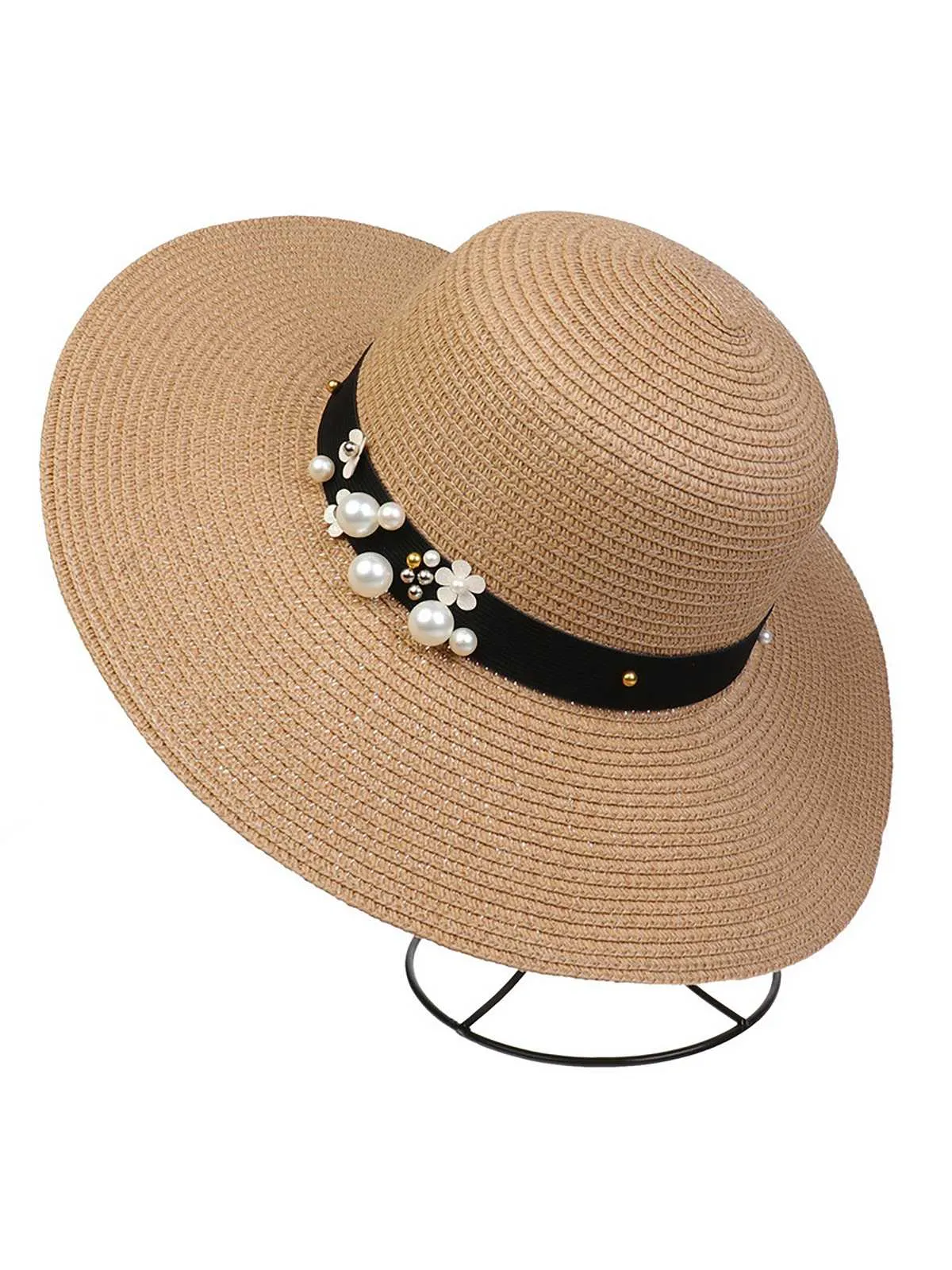 Vintage Wide Brim Foldable Sun Hat With Pearl